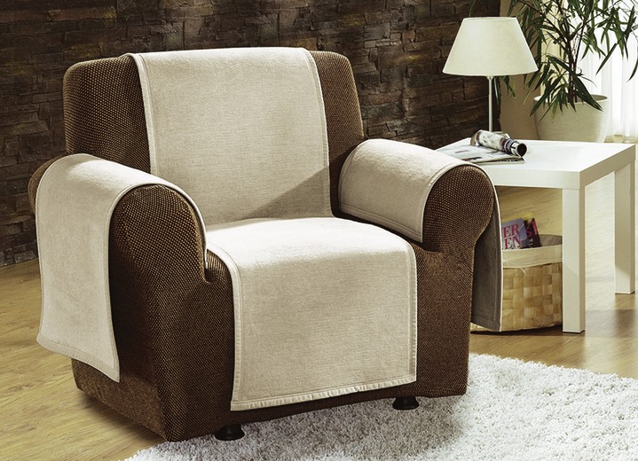 Sessel- & Sofaüberwürfe - Sessel-,Couch- und Armlehnenschoner mit Veloursbandeinfassung, in Größe 102 (Sesselschoner, 50x200 cm) bis 900 (2x 50x200 cm + 2x 50x75 cm), in Farbe SAND Ansicht 1