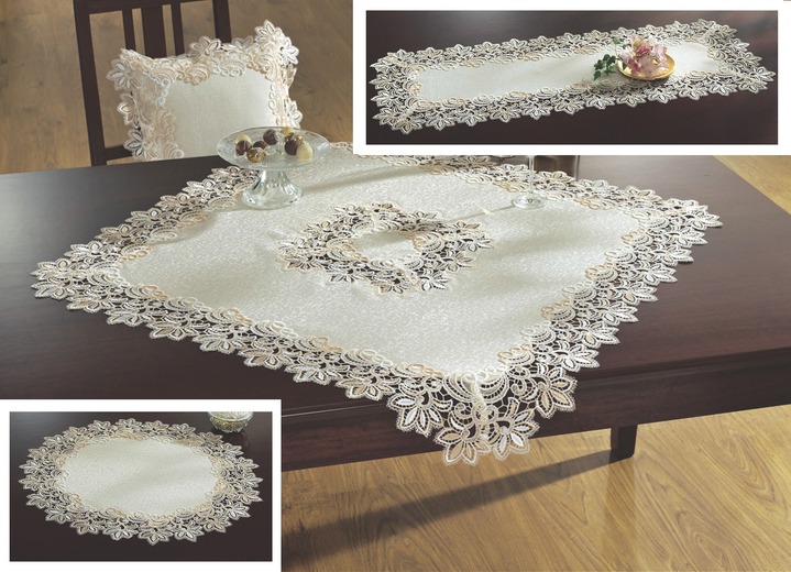 Tischdecken - Elegante Raumdekoration mit 2-farbiger Makramee-Spitze, in Größe 100 (Läufer, 30x 60 cm) bis 404 (Kissenhülle, 40x 40 cm), in Farbe CREMÉ Ansicht 1