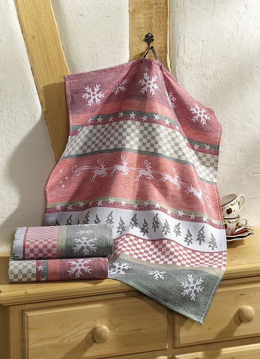 Weihnachtliche Geschenkideen - Geschirrtücher, 3er-Set, mit Hirschmotiven, in Farbe WEISS/ROT