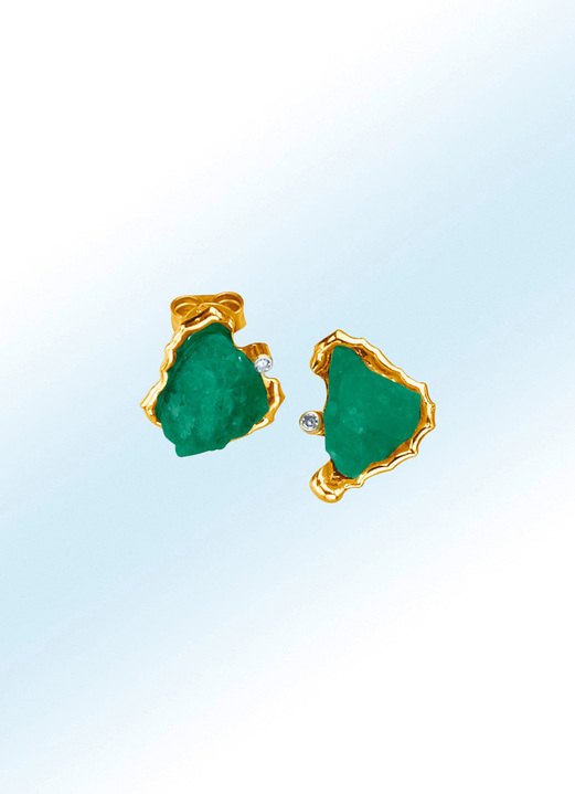Ohrschmuck - Ohrstecker mit echten Roh-Smaragden und Diamanten, in Farbe