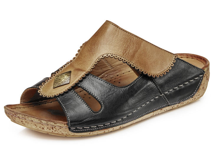Sandaletten & Pantoletten - Gemini, bequeme Damen-Pantoletten, Weite G, mit Klettverschluss, in Größe 036 bis 041, in Farbe SCHWARZ-COGNAC Ansicht 1
