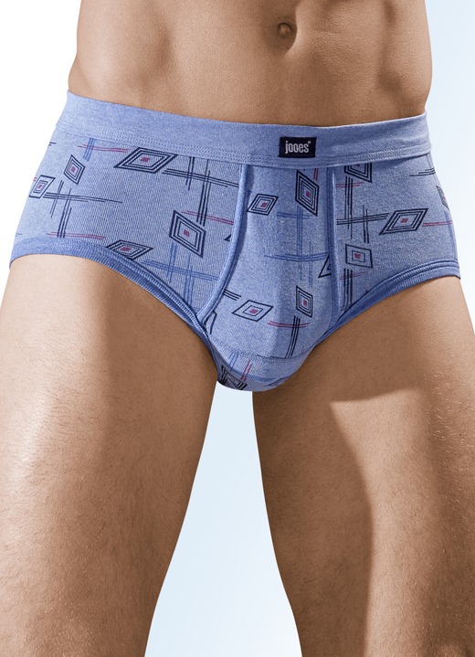 Slips & Unterhosen - Fünferpack Slips aus Feinripp mit Eingriff, in Größe 005 bis 014, in Farbe 3X JEANSBLAU MELIERT-BUNT, 2X GRAU MELIERT-BUNT