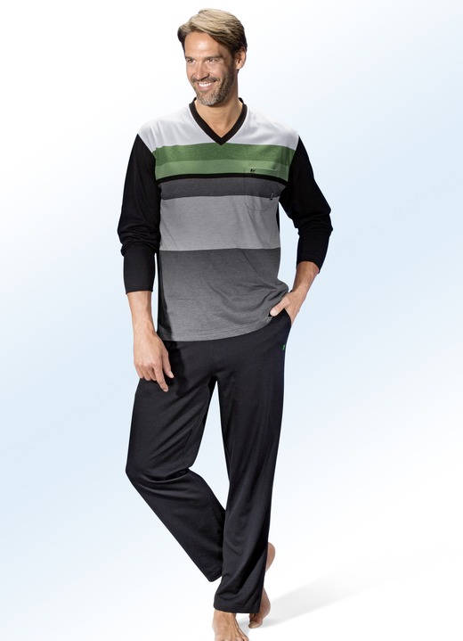 Schlafanzüge - Hajo Klima Komfort Schlafanzug mit V-Auschnitt, garngefärbtem Ringeldessin und Brusttasche, in Größe 046 bis 058, in Farbe SCHWARZ-BUNT