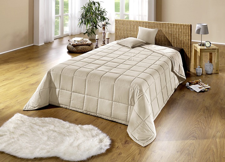 Tagesdecken - Tagesdecke mit Karo-Steppung und Bandeinfassung, in Größe 873 (für Einzelbett, 140x210 cm) bis 924 (2 Kissenbezüge, 50x 50 cm), in Farbe BEIGE Ansicht 1