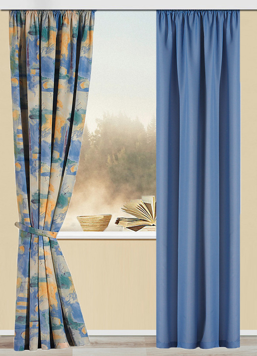 Klassisch - Übergardine mit Universalschienenband, in Größe 358 (Dekoschal, H145xB140 cm) bis 899 (1 Raffhalter, 70 cm), in Farbe BLAU Ansicht 2