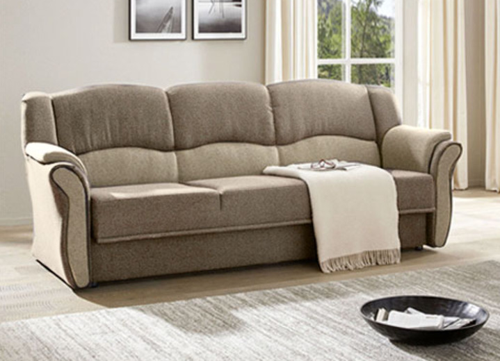 - Polstermöbel auf stabilem, teilmassivem Holzgrundgestell, in Farbe CAMEL-BEIGE, in Ausführung Dreisitzer