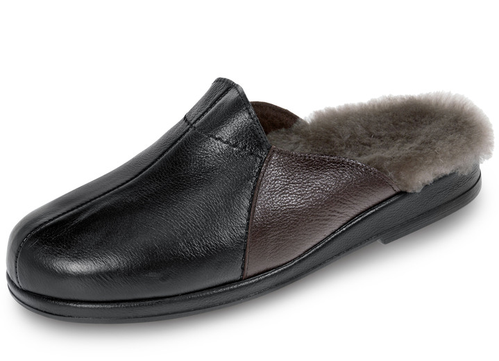 Hausschuhe - Gefütterte Herren-Hausschuhe, mit Lammfell Ansicht 4 Hausschuhe - Gefütterte Herren-Hausschuhe, mit Lammfell, in Größe 040 bis 049, in Farbe BORDEAUX-SCHWARZ Ansicht 4