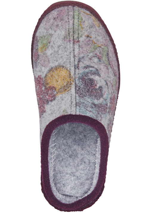 Hausschuhe - Pantoffel mit dezentem Blütendruck, in Größe 036 bis 043, in Farbe HELLGRAU-BORDEAUX Ansicht 2