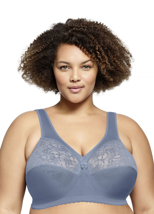 Soft-BH - Glamorise Stütz-BH mit Spitze, in Größe 080 bis 130, in Cup D, in Farbe RAUCHBLAU Ansicht 1