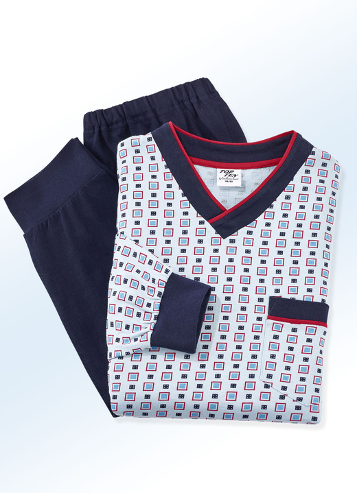 Schlafanzüge - Schlafanzug mit V-Ausschnitt und Bündchenabschlüssen, in Größe 025 bis 064, in Farbe HELLGRÜN-BUNT Ansicht 3