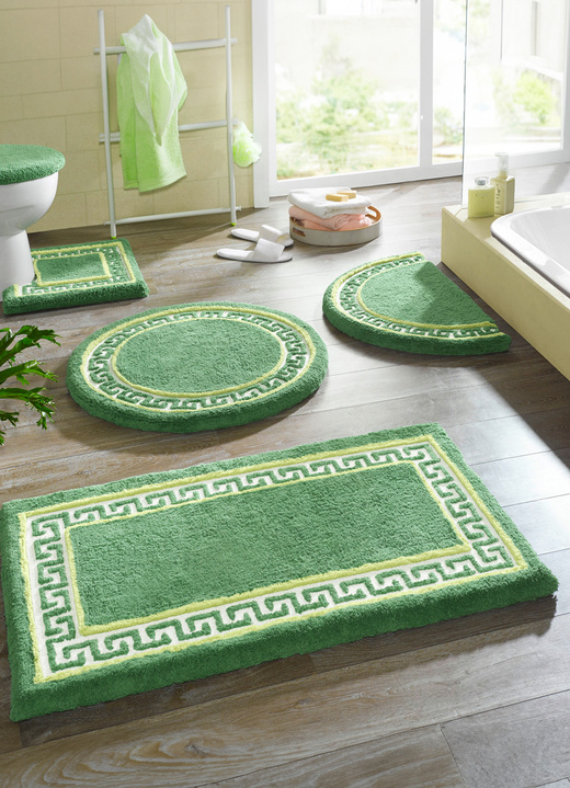 Badgarnituren - Badgarnitur mit Mäander-Bordüre Ansicht 2 Badgarnituren - Badgarnitur mit Mäander-Bordüre, in Größe 100 (Vorleger halbrund, 50/ 80 cm) bis 112 (Deckelbezug mit Kordel, 47/ 50 cm), in Farbe GRÜN Ansicht 2