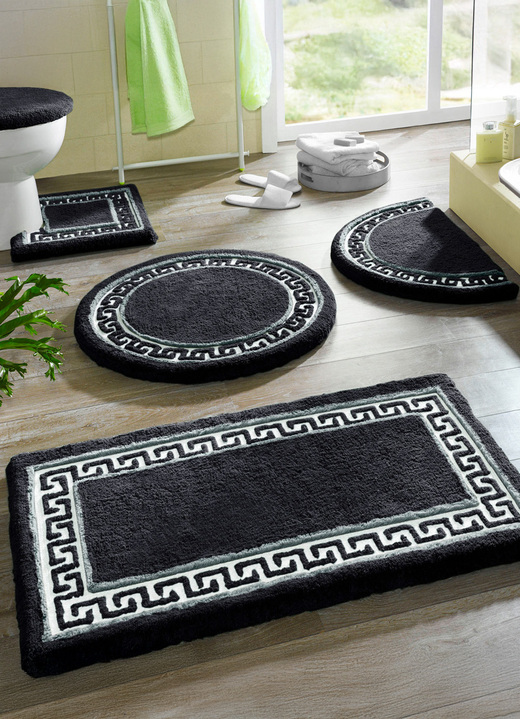 Badgarnituren - Badgarnitur mit Mäander-Bordüre Ansicht 10 Badgarnituren - Badgarnitur mit Mäander-Bordüre, in Größe 100 (Vorleger halbrund, 50/ 80 cm) bis 112 (Deckelbezug mit Kordel, 47/ 50 cm), in Farbe GRÜN Ansicht 10