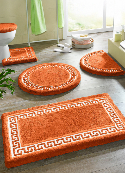 Heimtextilien - Badgarnitur mit Mäander-Bordüre Ansicht 14 Heimtextilien - Badgarnitur mit Mäander-Bordüre, in Größe 100 (Vorleger halbrund, 50/ 80 cm) bis 112 (Deckelbezug mit Kordel, 47/ 50 cm), in Farbe BLAU Ansicht 14