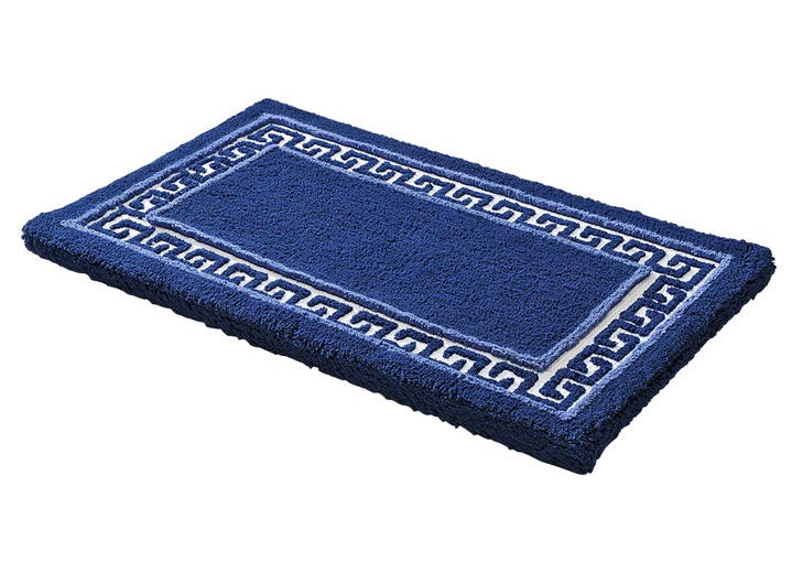Heimtextilien - Badgarnitur mit Mäander-Bordüre Ansicht 1 Heimtextilien - Badgarnitur mit Mäander-Bordüre, in Größe 100 (Vorleger halbrund, 50/ 80 cm) bis 112 (Deckelbezug mit Kordel, 47/ 50 cm), in Farbe BLAU Ansicht 1