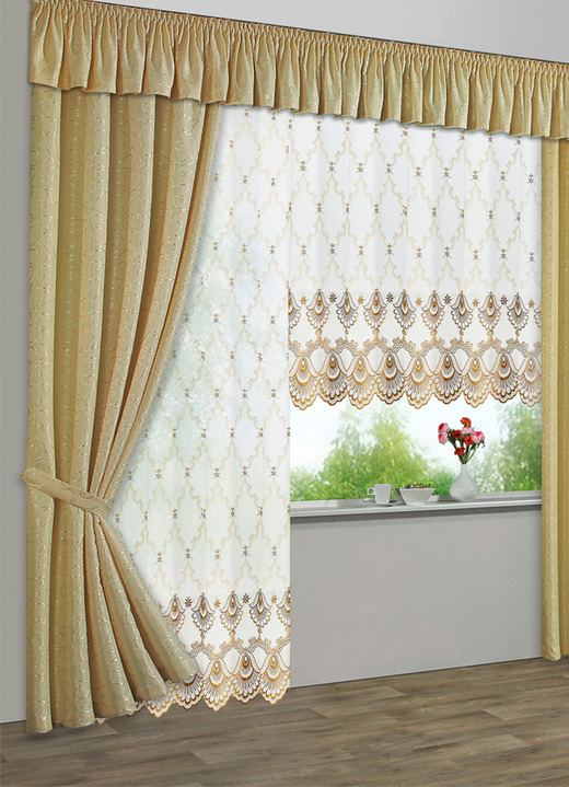 - Store aus Florentiner-Tüll in verschiedenen Farben, in Größe 159 (H145xB250 cm) bis 291 (H245xB450 cm), in Farbe WEISS-GOLD Ansicht 3