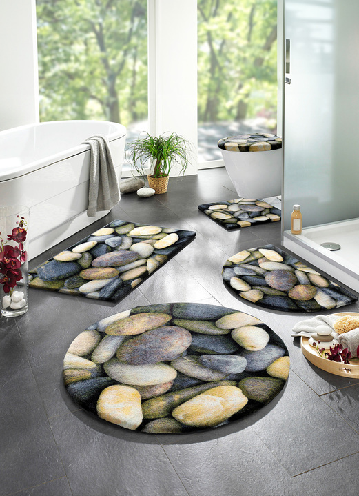 Badgarnituren - Pflegeleichte Badgarnitur mit Kieselsteinen-Motiv, in Größe 100 (Vorleger halbrund, 50/ 80 cm) bis 112 (Motiv-WC-Deckelbez., 47/ 50 cm), in Farbe GRAU Ansicht 2