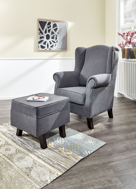 - Ohrenbackensessel mit Hocker, in Farbe GRAU-WENGE