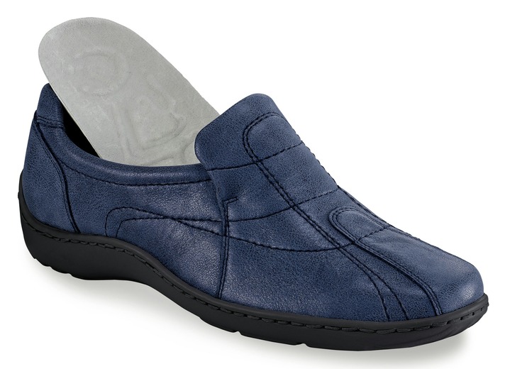 Slipper & Schnürschuhe - Waldläufer, bequeme Damen-Slipper, Weite H, mit herausnehmbarem Fußbett Ansicht 2 Slipper & Schnürschuhe - Waldläufer, bequeme Damen-Slipper, Weite H, mit herausnehmbarem Fußbett, in Größe 4 bis 8 1/2, in Farbe STAHLBLAU Ansicht 2