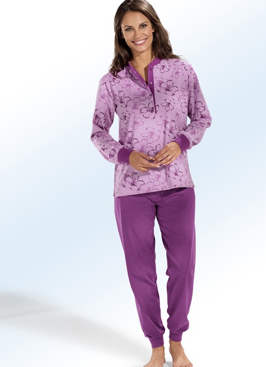 Schlafanzüge & Shortys - Schlafanzug, Langarm mit Knopfleiste und Bündchen, in Größe 036 bis 054, in Farbe MAGNOLIE-BUNT