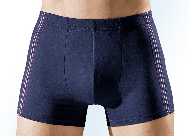Pants & Boxershorts - Viererpack Pants, uni mit seitlichen Kontrasten, in 2 Farbkombinationen, in Größe 004 bis 011, in Farbe 2X SCHWARZ-MANDARINE-STAHLBLAU, 2X SCHWARZ-ROT-ECRU Ansicht 3