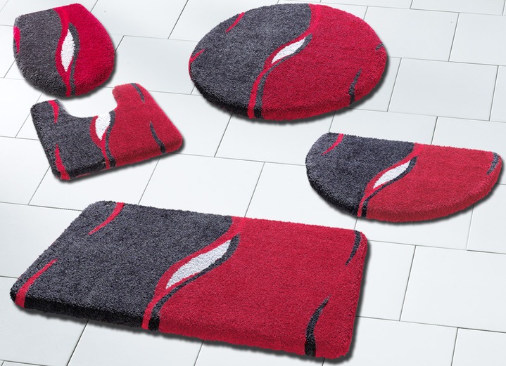- Badgarnitur in extra weicher Supersoft Qualität, in Größe 100 (Vorleger halbrund, 50/ 80 cm) bis 112 (Motiv-Deckelbezug mit Kordel, 47/ 50 cm), in Farbe GRAU-ROT