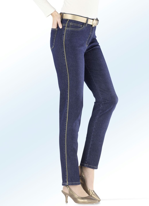 Hosen - Edel-Jeans mit Glanzgarn-Paspelierung, in Größe 017 bis 088, in Farbe DUNKELBLAU Ansicht 1