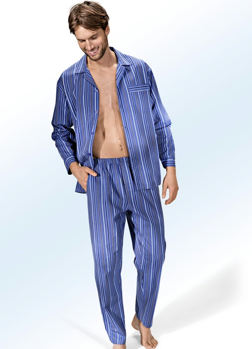 Schlafanzüge - Schlafanzug, durchgeknöpft, aus Webware mit Streifendessin, in Größe 046 bis 060, in Farbe JEANSBLAU-BUNT Ansicht 1