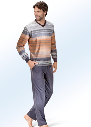 Hajo Klima Komfort Schlafanzug mit V-Ausschnitt, Brusttasche und garngefärbtem Ringeldessin