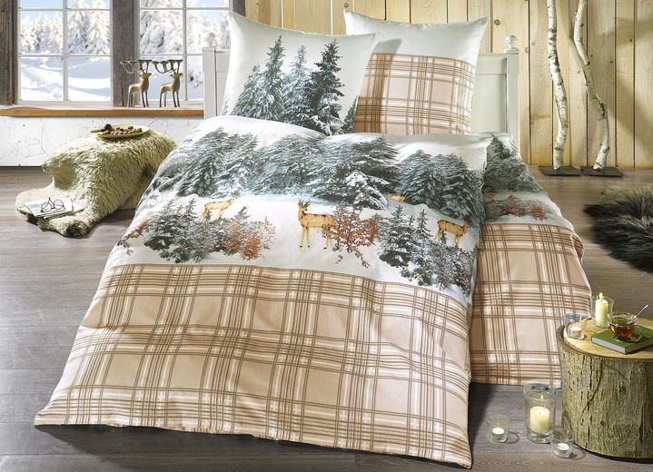 Bettwäsche - Feinbiber Bettwäsche-Garnitur aus 100% Baumwolle, in Größe 112 (80/80 cm + 135/200 cm) bis 115 (80/80 cm + 155/220 cm), in Farbe BEIGE Ansicht 2