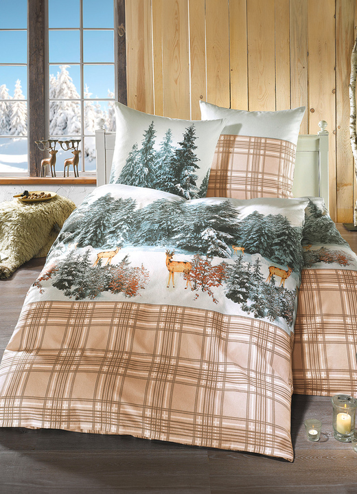 Bettwäsche - Feinbiber Bettwäsche-Garnitur aus 100% Baumwolle, in Größe 112 (80/80 cm + 135/200 cm) bis 115 (80/80 cm + 155/220 cm), in Farbe BEIGE Ansicht 1