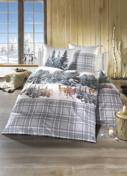 - Feinbiber Bettwäsche-Garnitur aus 100% Baumwolle, in Größe 112 (80/80 cm + 135/200 cm) bis 115 (80/80 cm + 155/220 cm), in Farbe GRAU Ansicht 1