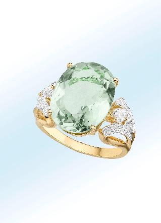 Damenring mit grünem Amethyst, Weißtopas und Diamanten