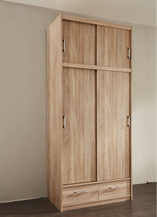 - Kombifreundlicher Schiebetürenschrank, in Farbe EICHE SONOMA, in Ausführung Höhe 222 cm