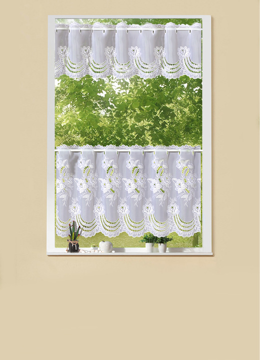 Kurzgardinen - Kurzstore mit echter Plauener Stickerei, in Größe 664 (30x150 cm) bis 834 (50x300 cm), in Farbe WEIß