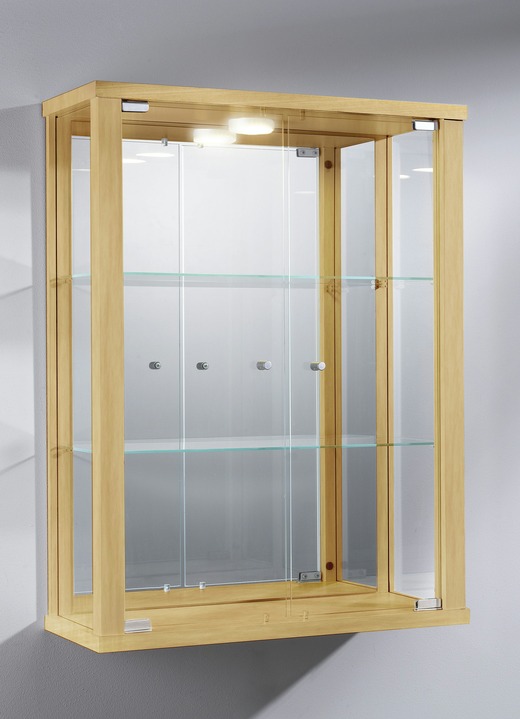 Vitrinen - Hängevitrine mit ESG-Sicherheitsglas, in Farbe BUCHE, in Ausführung mit LED-Beleuchtung und Spiegelrückwand Ansicht 1