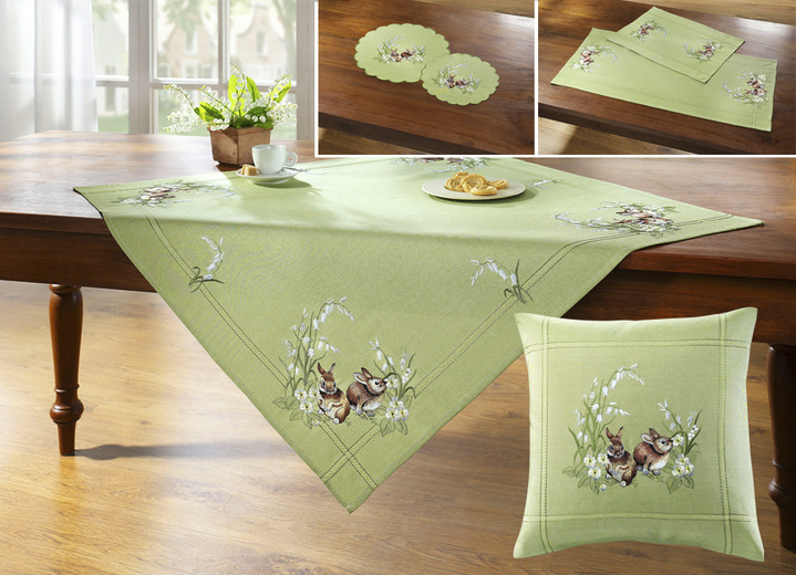Tischdecken - Raumdekoration mit Blüten- und Gräser-Motiv, in Größe 101 (Deckchen, 35/ 50 cm) bis 404 (Kissenbezug, 40/ 40 cm), in Farbe GRÜN