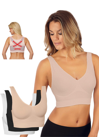 Wäsche - Nahtloser Komfort-BH 3er-Set – Farbe SCHWARZ-WEISS-HAUT – Ansicht  Wäsche - Nahtloser Komfort-BH 3er-Set, in Größe 3XL (52/54) bis XXL (48/50), in Farbe SCHWARZ-WEISS-HAUT – Farbe SCHWARZ-WEISS-HAUT – Ansicht