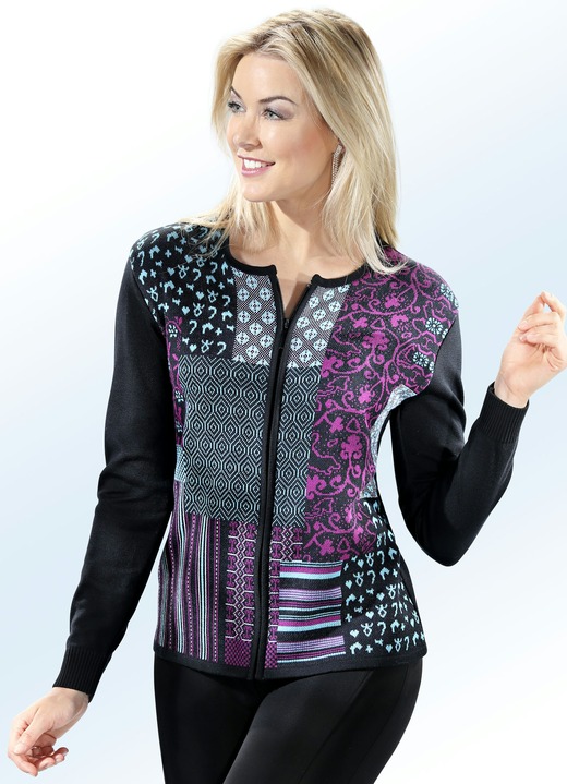 Strickjacken - Strickjacke in Feinstrick Strickjacken - Strickjacke in Feinstrick, in Größe 038 bis 052, in Farbe SCHWARZ-TÜRKIS-FUCHSIA
