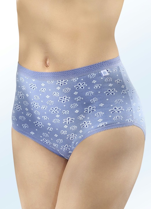 Damenmode - Sechserpack Slips mit elastischen Abschlüssen, in Größe 040 bis 060, in Farbe 3X JEANSBLAU-WEISS-MARINE, 3X JEANSBLAU Ansicht 1