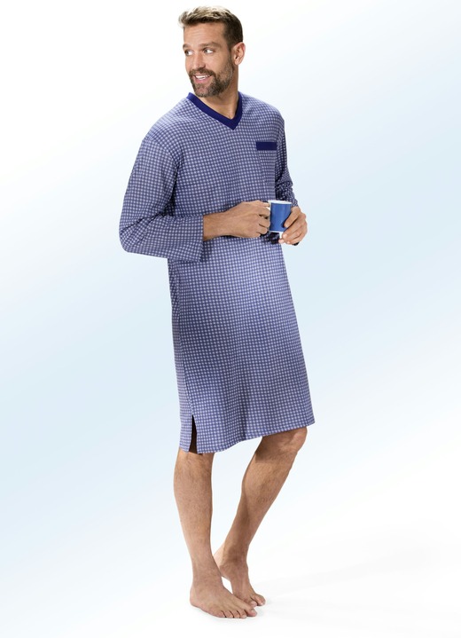 Nachthemden - Nachthemd mit V-Ausschnitt, Brusttasche und Seitenschlitzen, langarm, in Größe 048 bis 066, in Farbe GRAU-BUNT