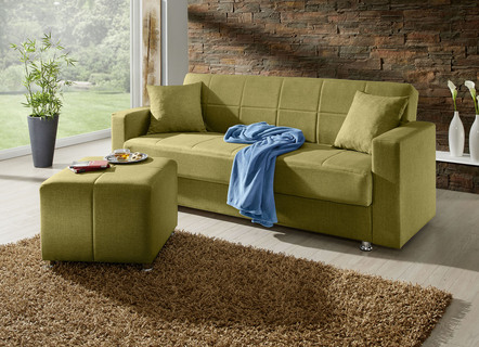 Schlafsofas - Klick-Klack-Sofa mit Hocker und Dekokissen, in Farbe ROT – Farbe GRÜN – Ansicht 