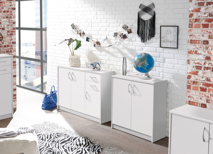 Kommoden - Kombifreundliche Kommode mit silberfarbenen Griffen, in Farbe WEISS, in Ausführung 2-türig, schmal Ansicht 2