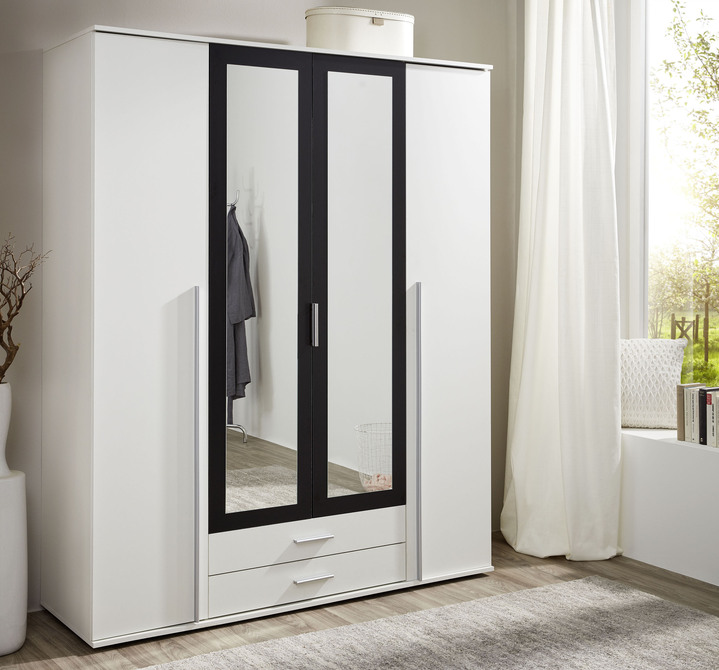 Wohnen - Kleiderschrank in zeitloser Optik, in Farbe WEISS-SCHWARZ, in Ausführung Kleiderschrank, 4-türig Ansicht 1
