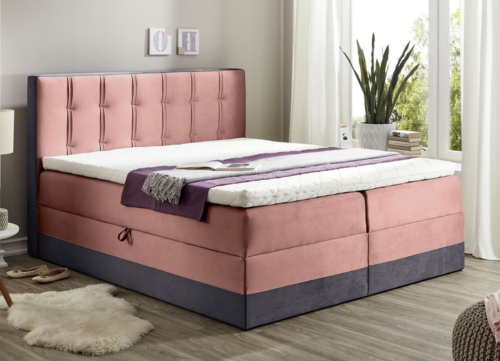 - Boxspringbett mit Topper und 2 Bettkästen, in Farbe ROSA-ANTHRAZIT Ansicht 1