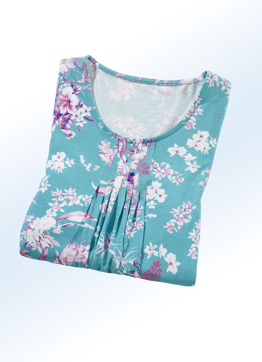 Kurzarm - Longshirt mit dezenter Fältelung in 4 Farben, in Größe 038 bis 054, in Farbe SCHWARZ-PINK Ansicht 4