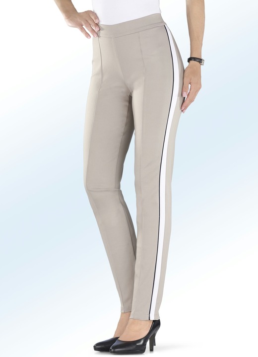 Damenmode - Soft-Stretch-Hose mit Galonstreifen, in Größe 017 bis 052, in Farbe TAUPE-WEISS Ansicht 1