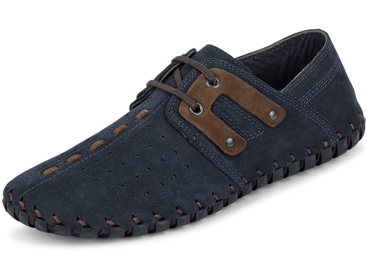 - Pfiffiger Schnürschuh in 3 Farben mit flotter Zierlochung, in Größe 040 bis 046, in Farbe MARINE-BRAUN