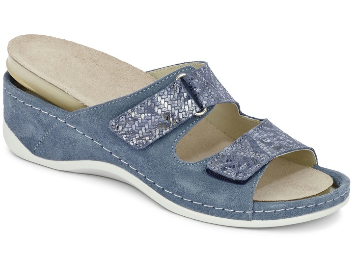 Sandaletten & Pantoletten - Mubb, bequeme Damen-Pantoletten, Weite H, mit herausnehmbarem Fußbett, in Größe 036 bis 042, in Farbe JEANSBLAU Ansicht 2