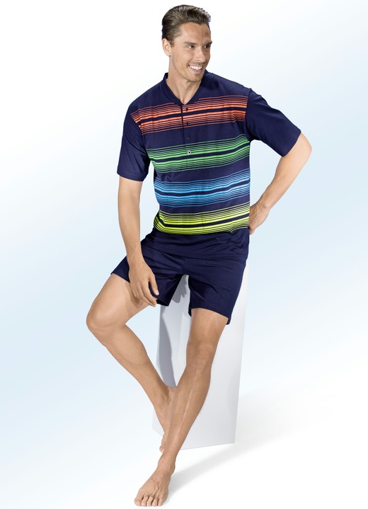 - Shorty mit Knopfleiste und farbenfrohem Streifendessin, in Größe 046 bis 062, in Farbe MARINE-BUNT