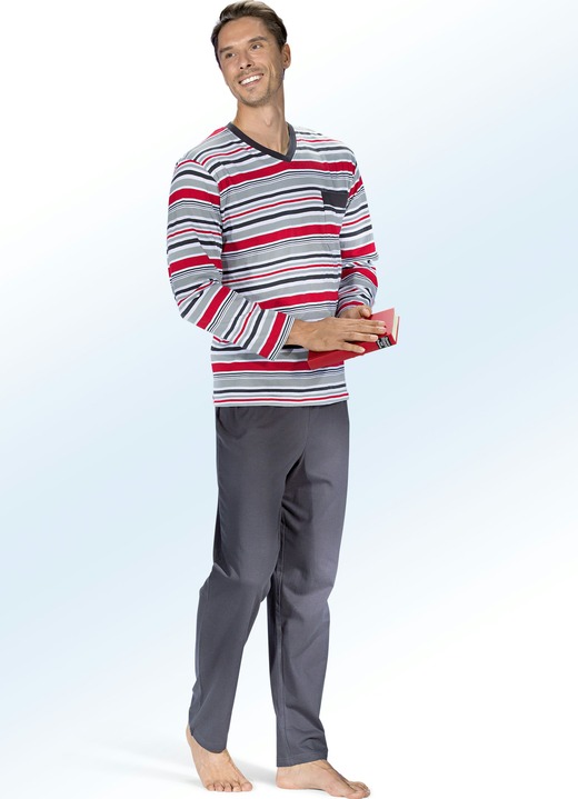 Schlafanzüge - Zweierpack Schlafanzüge mit V-Ausschnitt und Brusttasche, in Größe 046 bis 062, in Farbe SORTIERT Ansicht 2